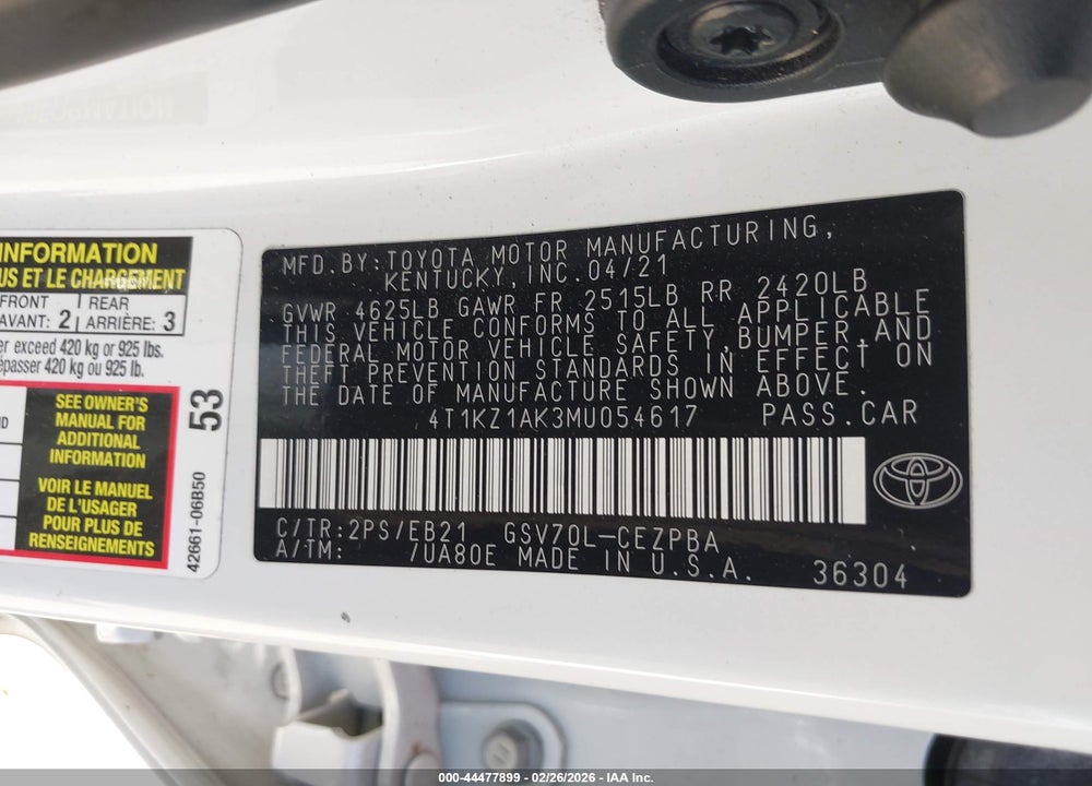 2021 TOYOTA CAMRY TRD VIN: 4T1KZ1AK3MU054617