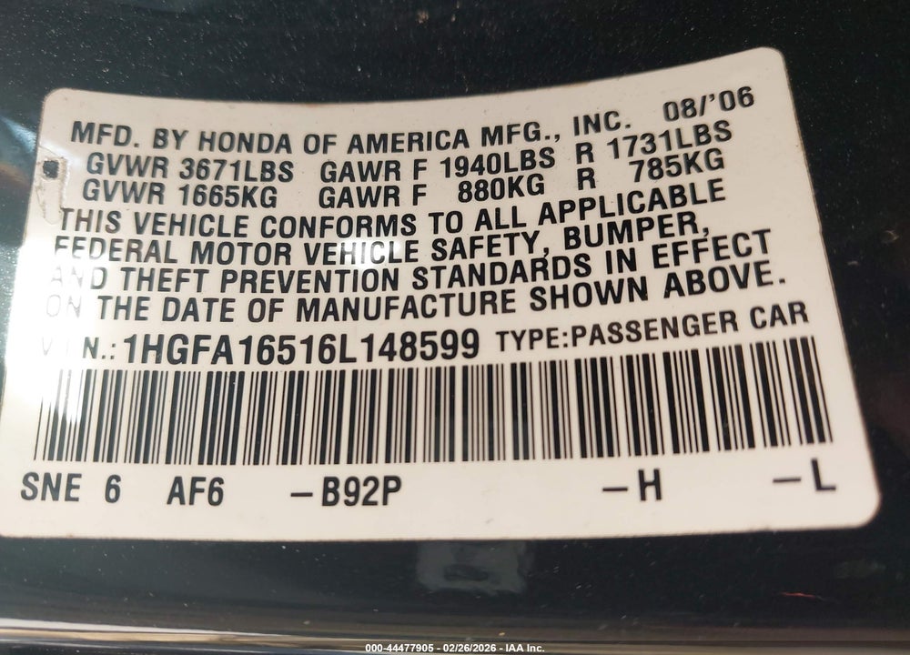 2006 HONDA CIVIC LX VIN: 1HGFA16516L148599