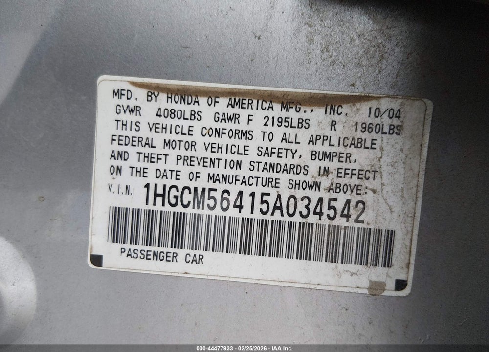 2005 HONDA ACCORD 2.4 LX VIN: 1HGCM56415A034542