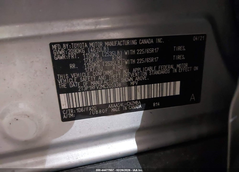 2021 TOYOTA RAV4 XLE VIN: 2T3P1RFV2MC205938