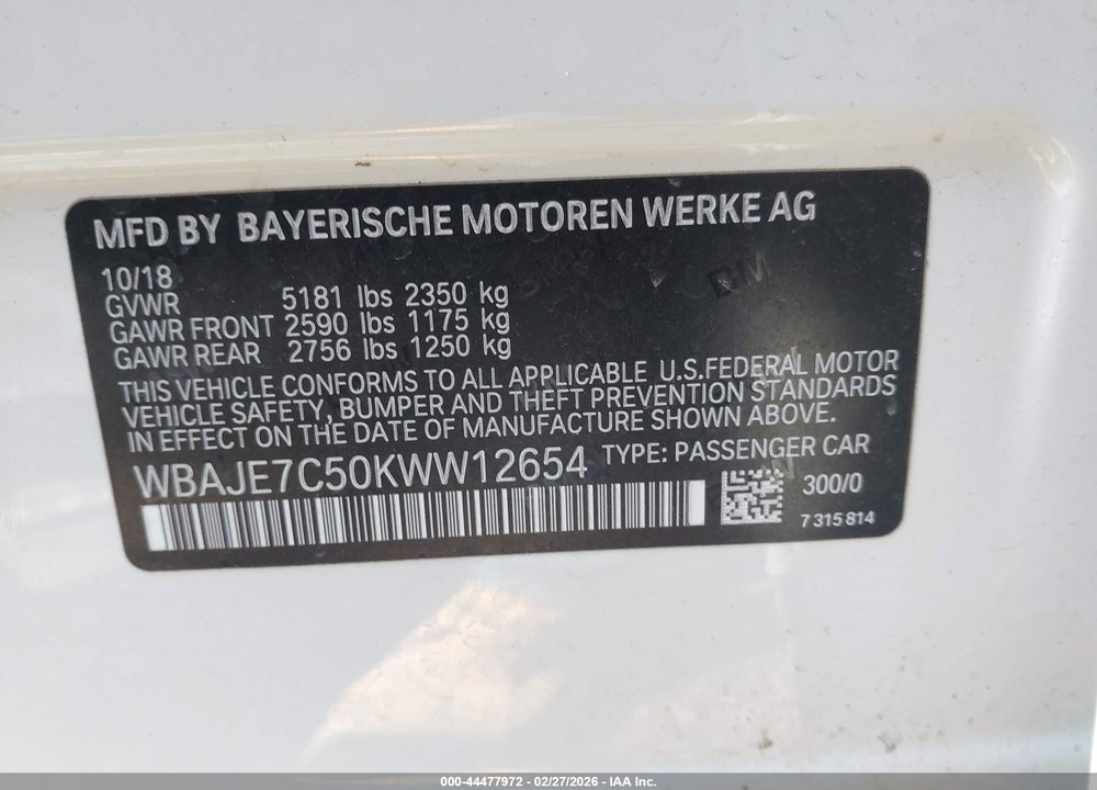 2019 BMW 540I XDRIVE VIN: WBAJE7C50KWW12654