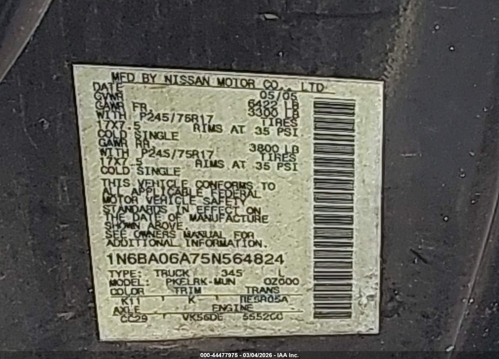 2005 NISSAN TITAN XE VIN: 1N6BA06A75N564824