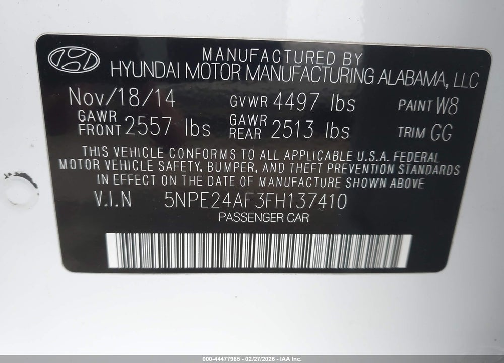 2015 HYUNDAI SONATA SE VIN: 5NPE24AF3FH137410