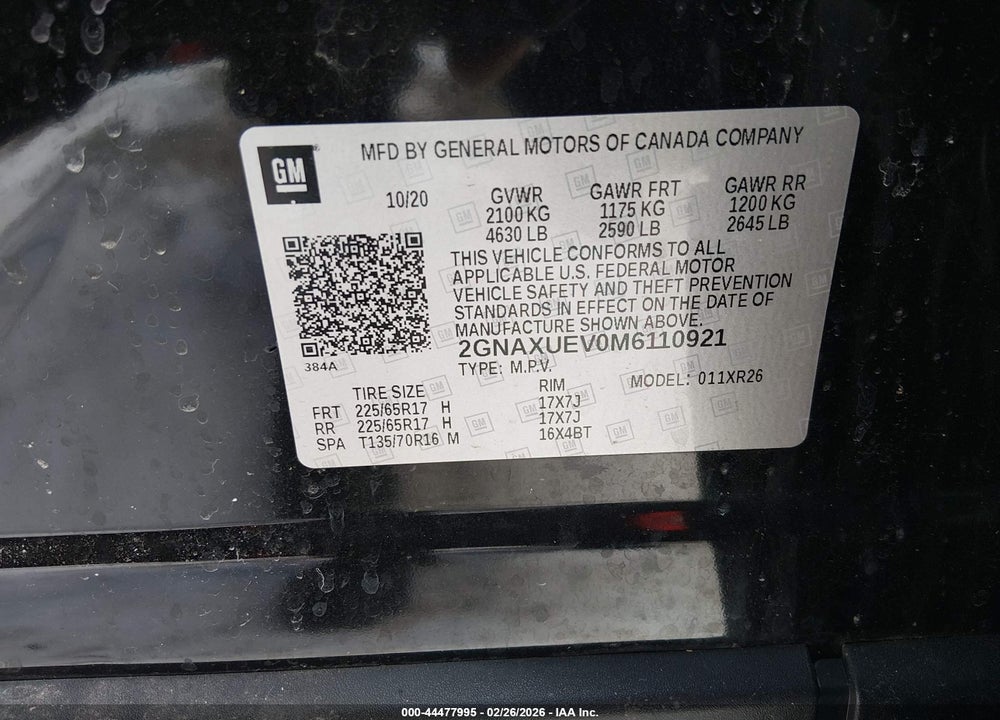 2021 CHEVROLET EQUINOX AWD LT VIN: 2GNAXUEV0M6110921