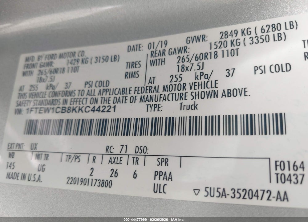 2019 FORD F-150 XLT VIN: 1FTEW1CB8KKC44221