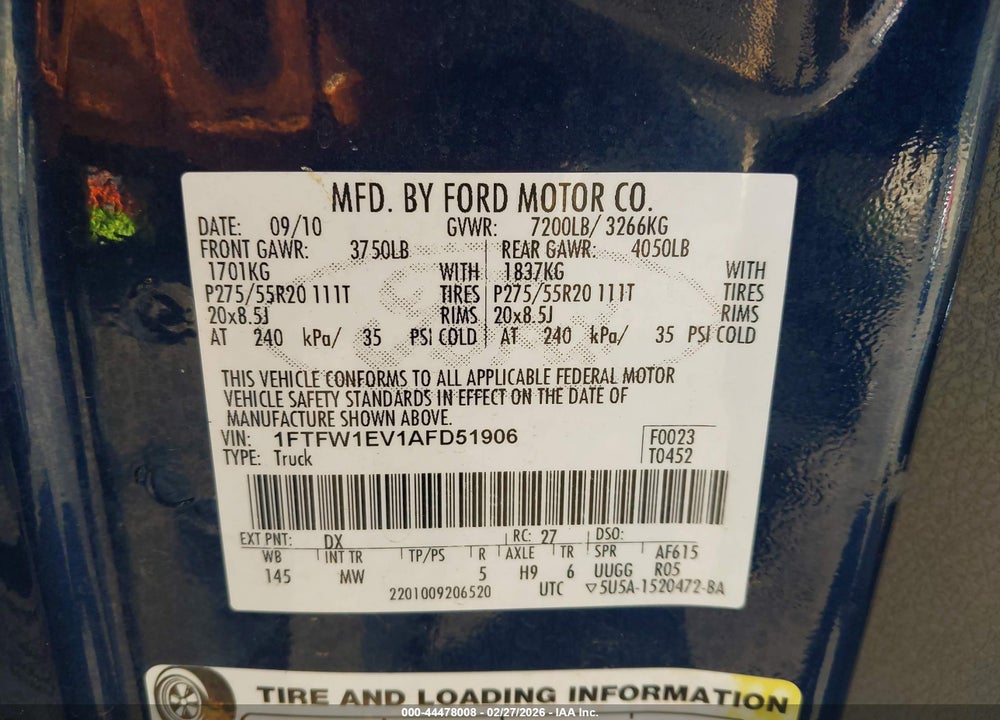 2010 FORD F-150 FX4/HARLEY-DAVIDSON/KING RANCH/LARIAT/PLATINUM/XL/XLT VIN: 1FTFW1EV1AFD51906