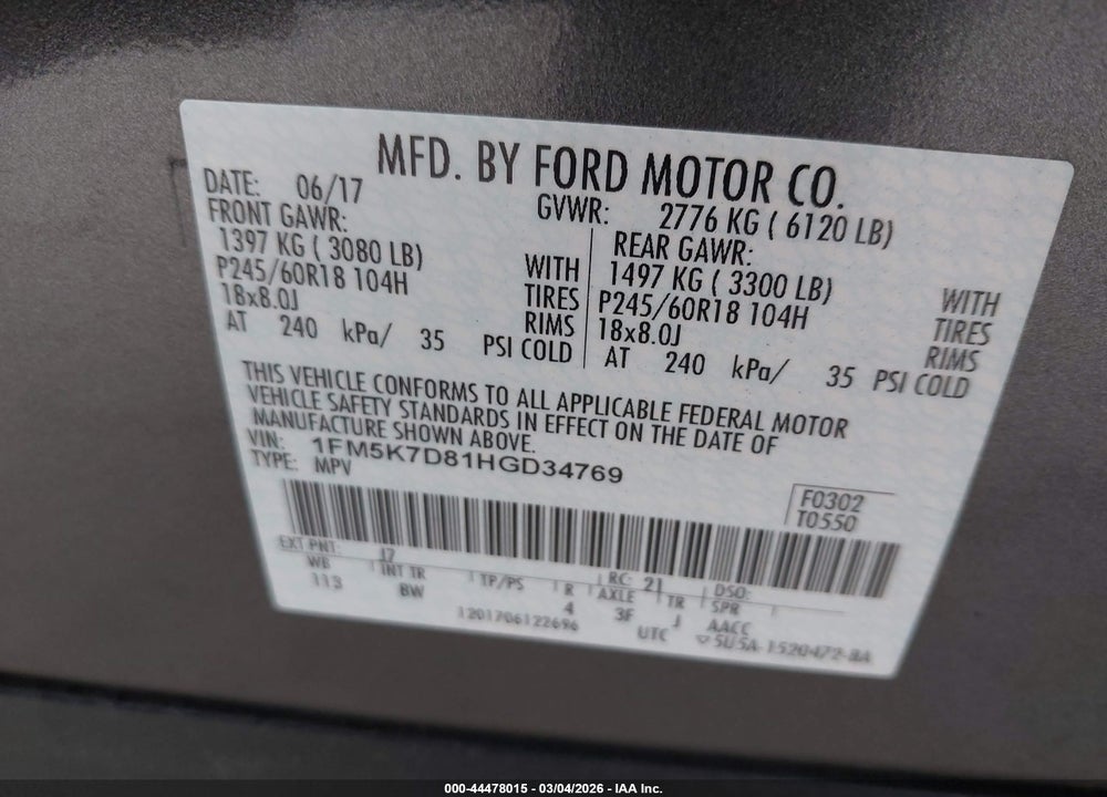 2017 FORD EXPLORER XLT VIN: 1FM5K7D81HGD34769