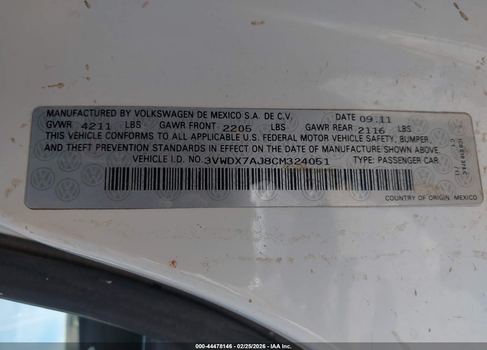 2012 VOLKSWAGEN JETTA 2.5L SE VIN: 3VWDX7AJ8CM324051
