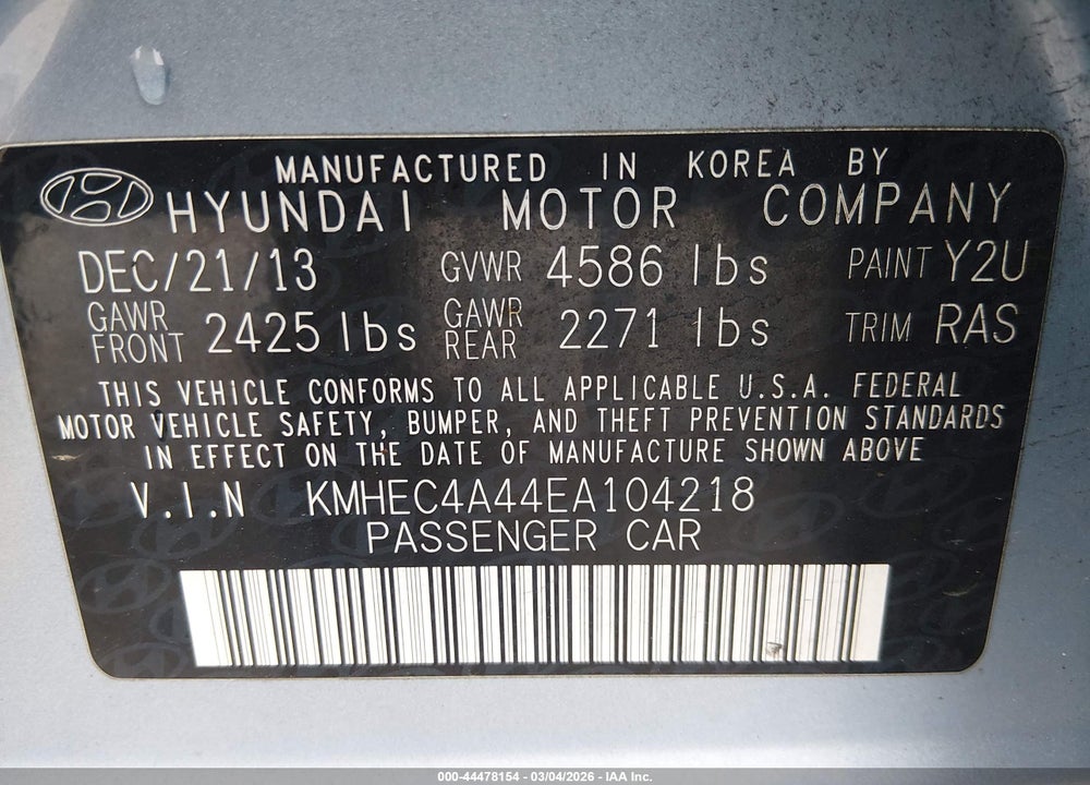 2014 HYUNDAI SONATA HYBRID LIMITED VIN: KMHEC4A44EA104218
