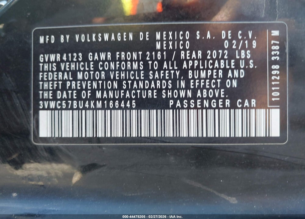 2019 VOLKSWAGEN JETTA VIN: 3VWC57BU4KM166445