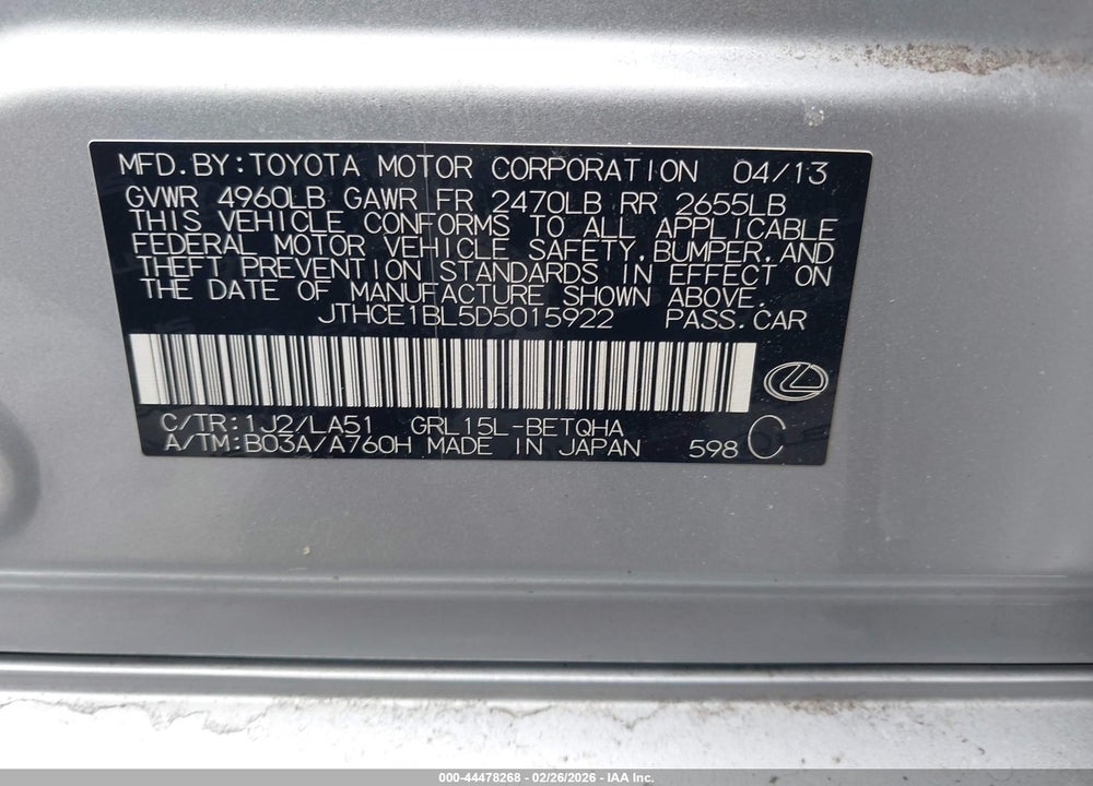 2013 LEXUS GS 350 VIN: JTHCE1BL5D5015922
