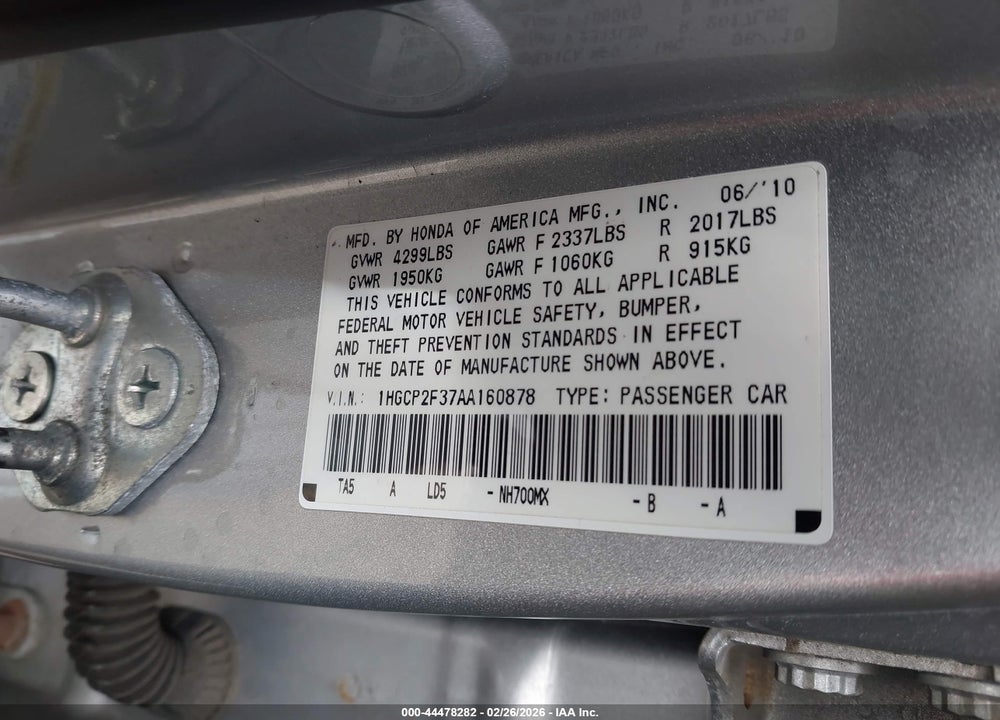2010 HONDA ACCORD 2.4 LX VIN: 1HGCP2F37AA160878