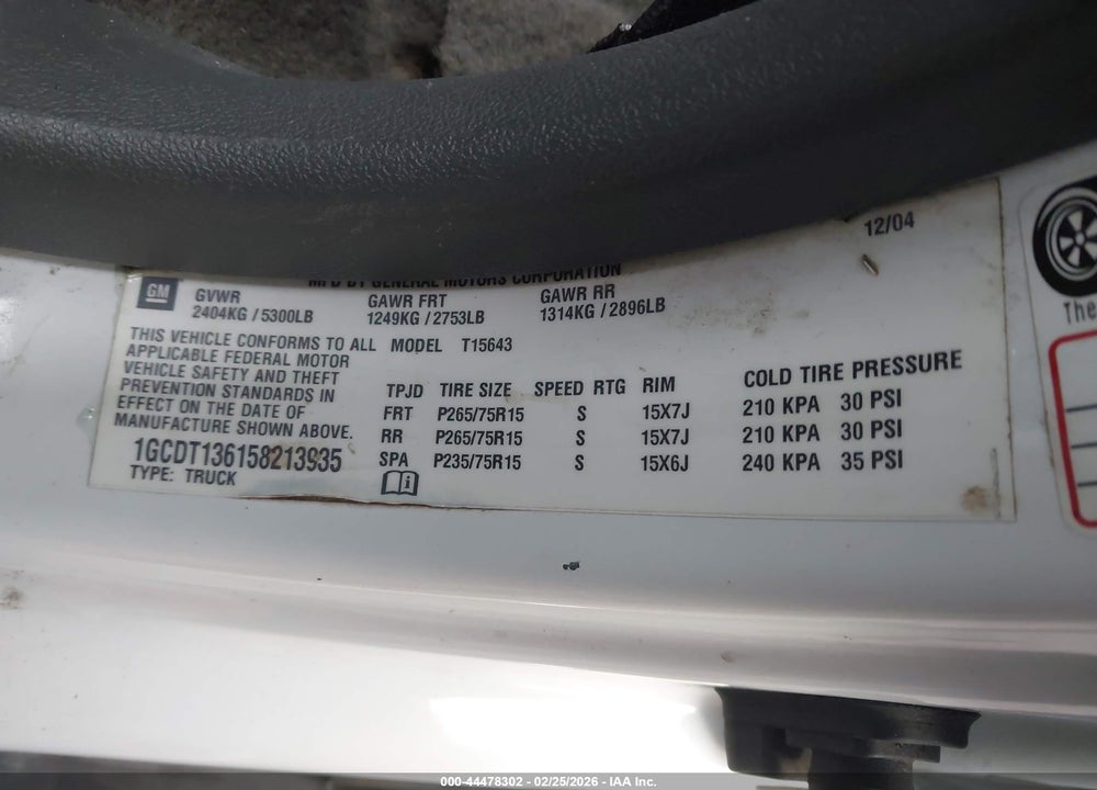 2005 CHEVROLET COLORADO 1SF LS Z71 VIN: 1GCDT136158213935