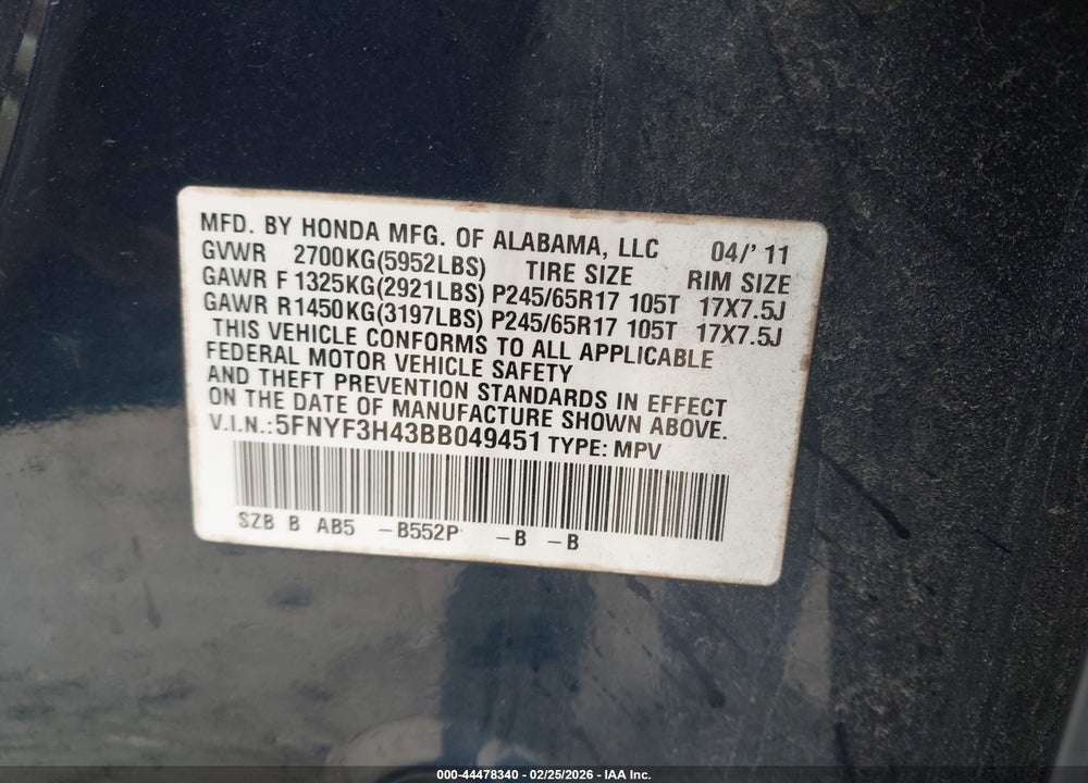 2011 HONDA PILOT EX VIN: 5FNYF3H43BB049451