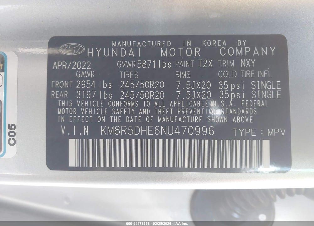 2022 HYUNDAI PALISADE LIMITED VIN: KM8R5DHE6NU470996