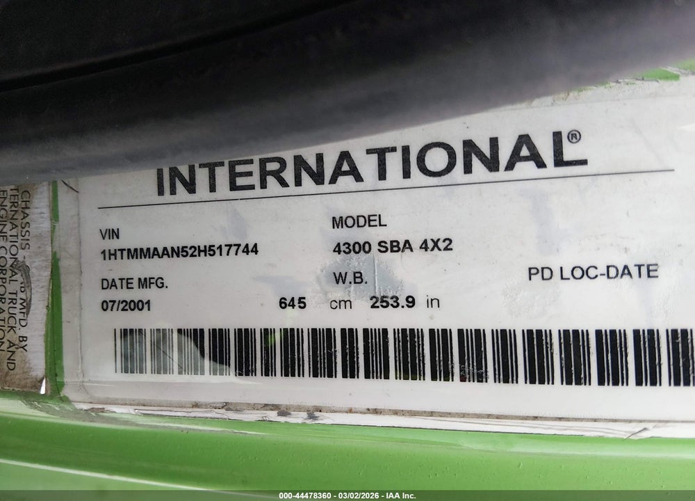 2002 INTERNATIONAL 4000 4300 VIN: 1HTMMAAN52H517744