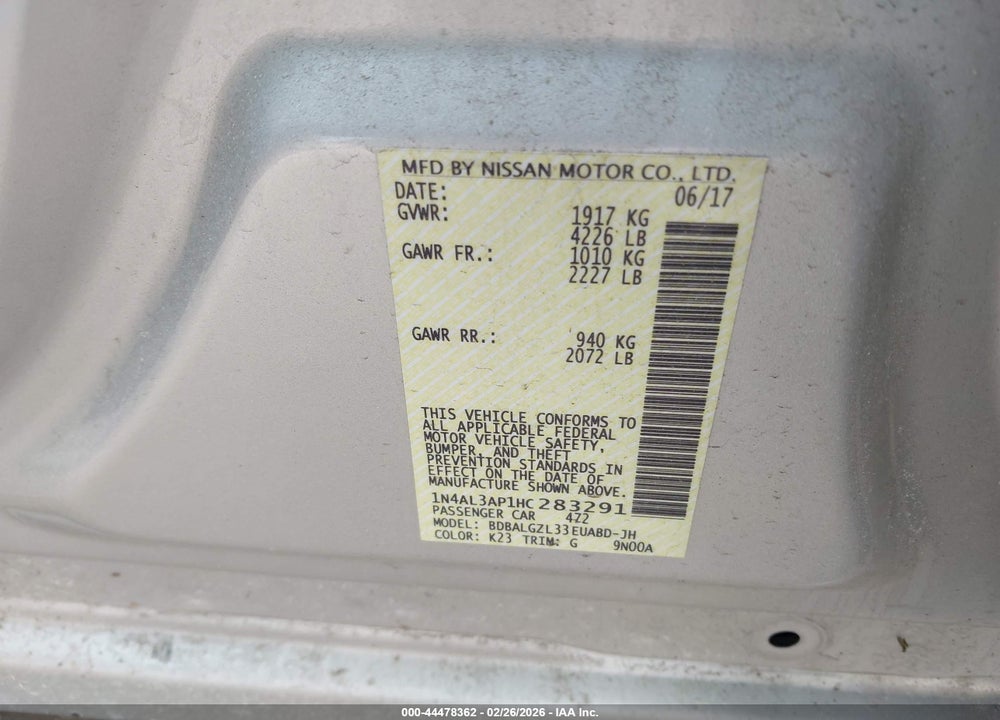 2017 NISSAN ALTIMA 2.5 S VIN: 1N4AL3AP1HC283291