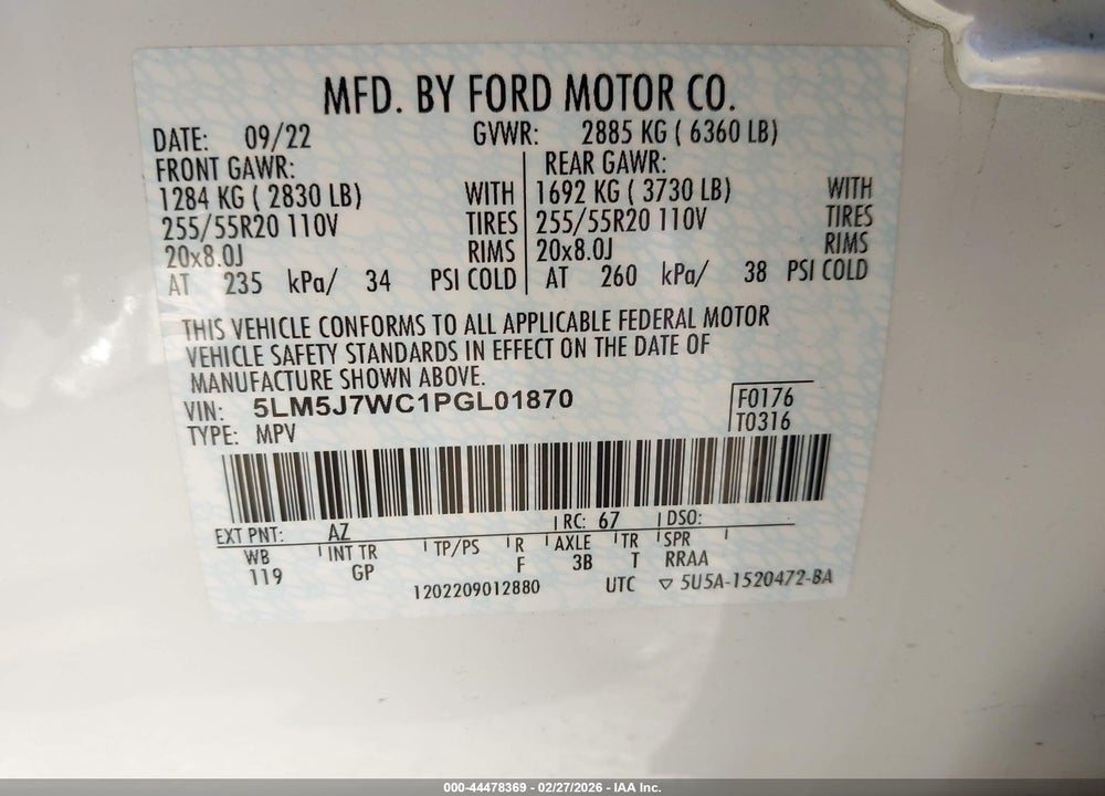 2023 LINCOLN AVIATOR RESERVE VIN: 5LM5J7WC1PGL01870