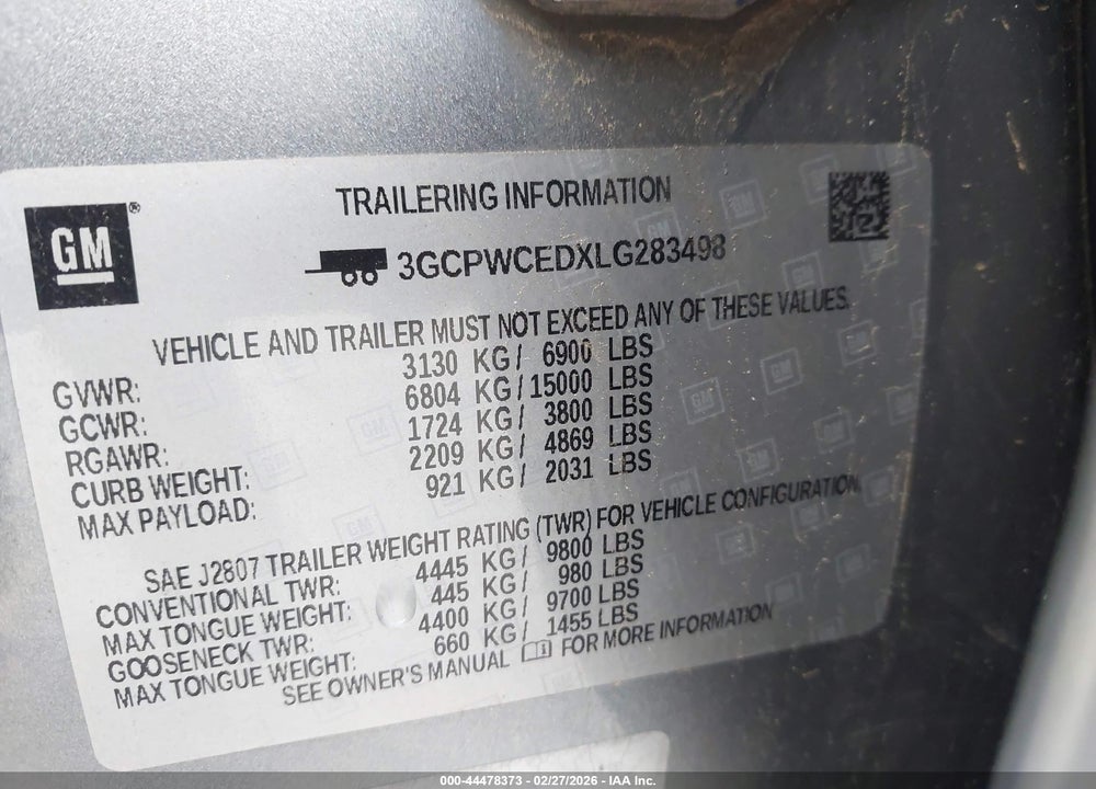 2020 CHEVROLET SILVERADO 1500 2WD  SHORT BED LT VIN: 3GCPWCEDXLG283498
