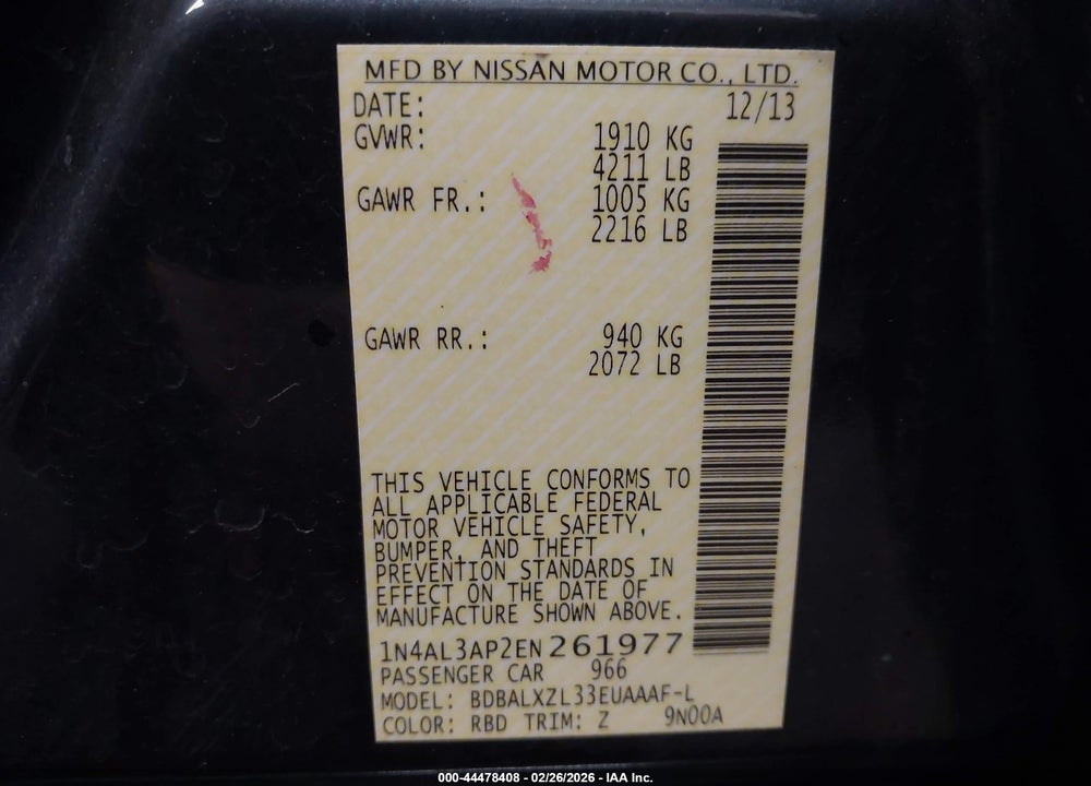 2014 NISSAN ALTIMA 2.5 SL VIN: 1N4AL3AP2EN261977