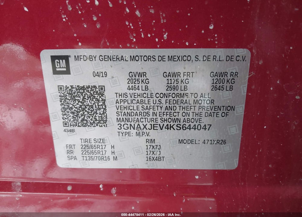 2019 CHEVROLET EQUINOX LT VIN: 3GNAXJEV4KS644047