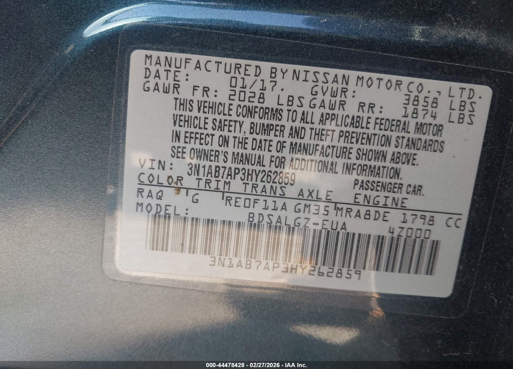 2017 NISSAN SENTRA SL VIN: 3N1AB7AP3HY262859
