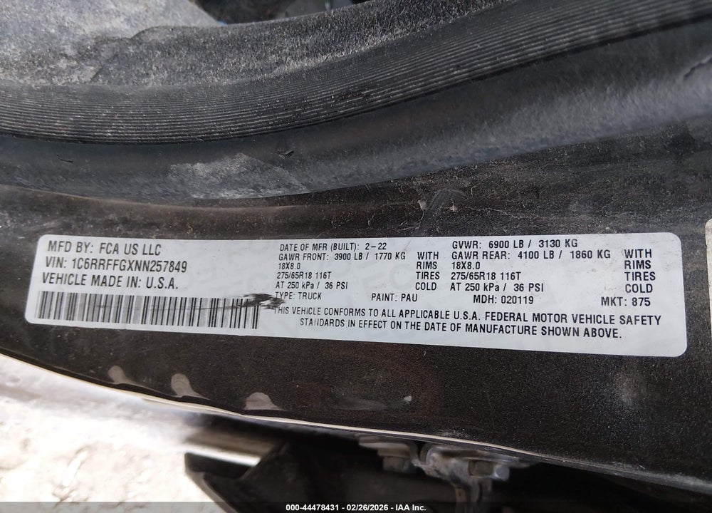 2022 RAM 1500 BIG HORN  4X4 5'7 BOX VIN: 1C6RRFFGXNN257849