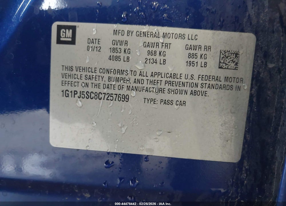 2012 CHEVROLET CRUZE ECO VIN: 1G1PJ5SC8C7257699