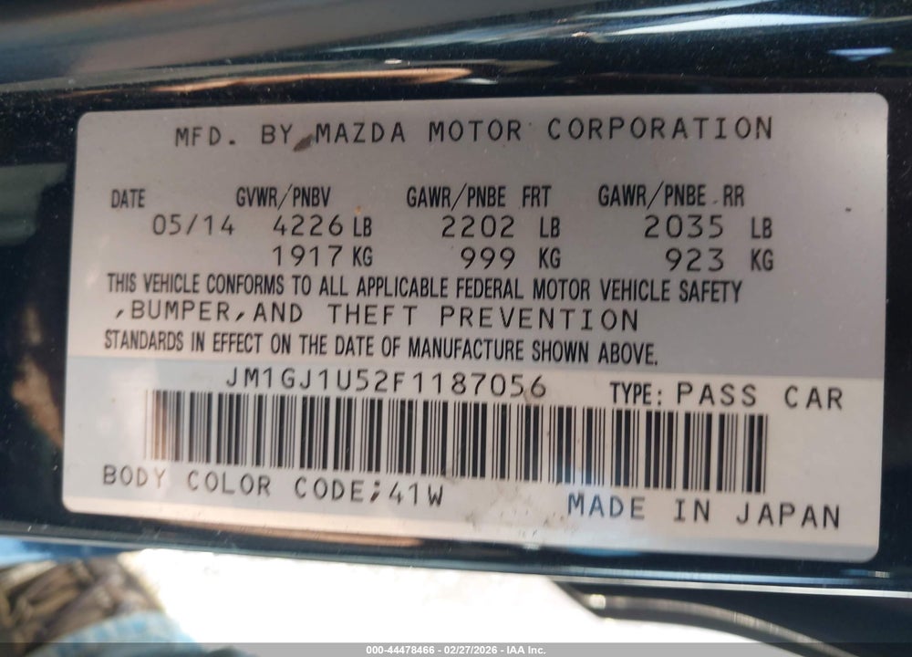 2015 MAZDA 6 I SPORT VIN: JM1GJ1U52F1187056