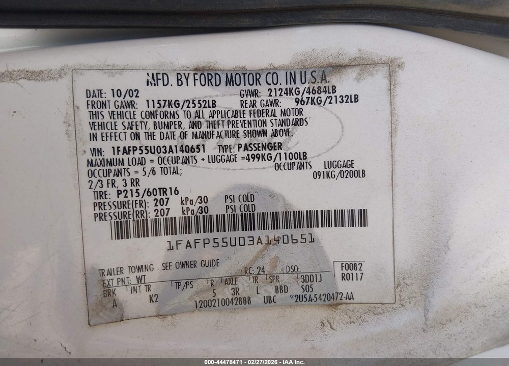 2003 FORD TAURUS SES VIN: 1FAFP55U03A140651