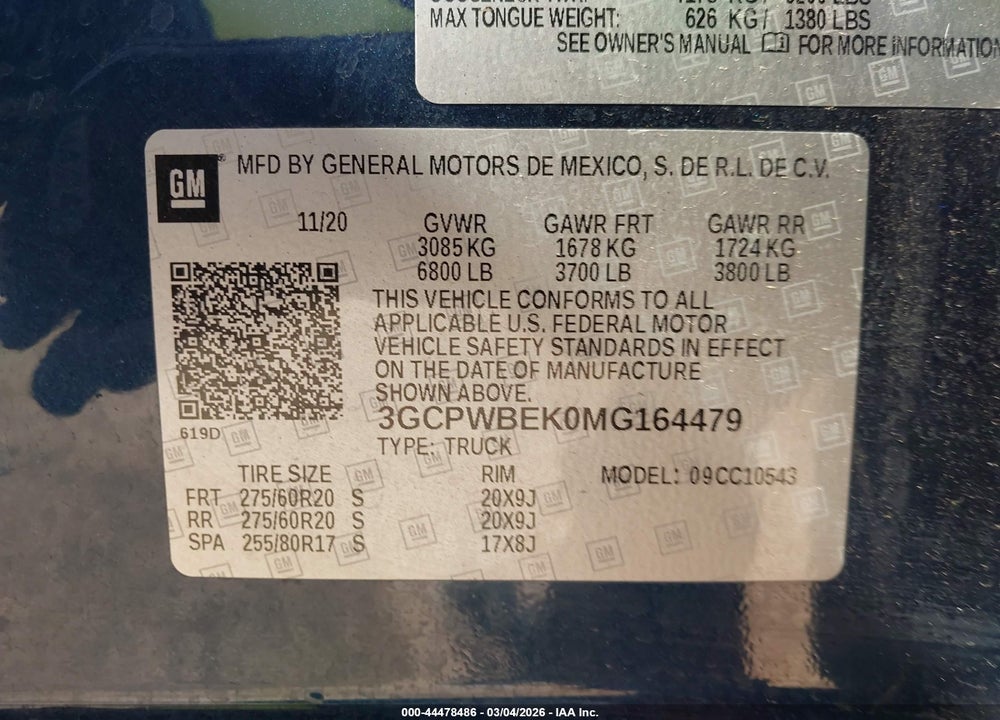 2021 CHEVROLET SILVERADO 1500 2WD  SHORT BED CUSTOM VIN: 3GCPWBEK0MG164479