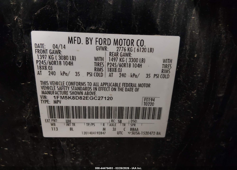 2014 FORD EXPLORER XLT VIN: 1FM5K8D82EGC27120