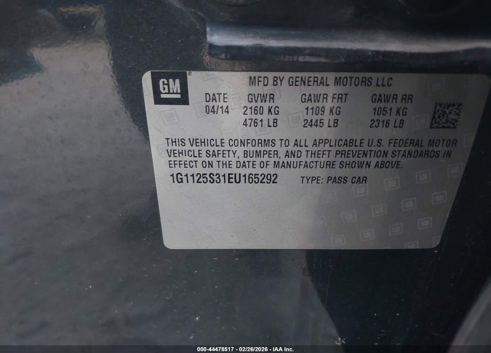 2014 CHEVROLET IMPALA 2LT VIN: 1G1125S31EU165292