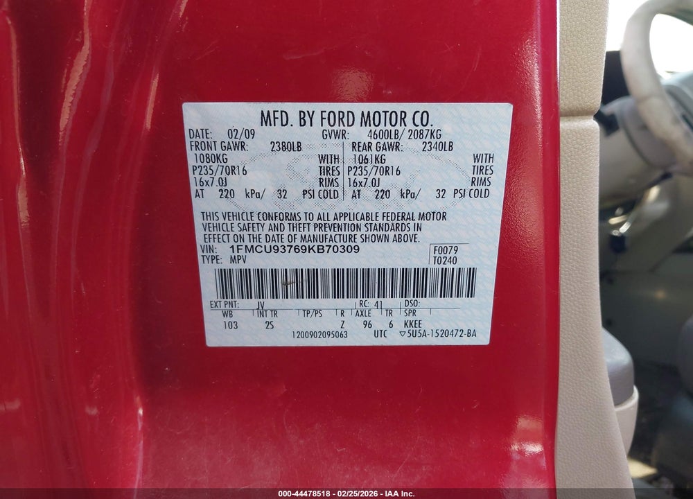 2009 FORD ESCAPE XLT VIN: 1FMCU93769KB70309