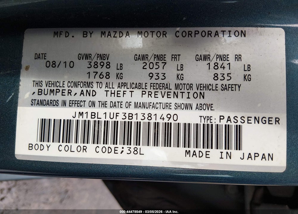 2011 MAZDA 3 VIN: JM1BL1UF3B1381490