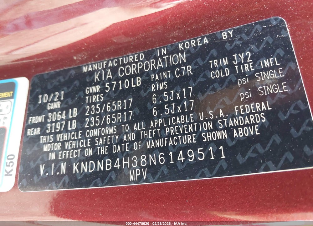 2022 KIA CARNIVAL MPV LX SEAT PACKAGE VIN: KNDNB4H38N6149511