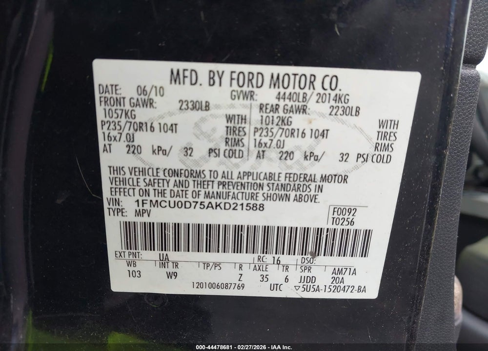 2010 FORD ESCAPE XLT VIN: 1FMCU0D75AKD21588
