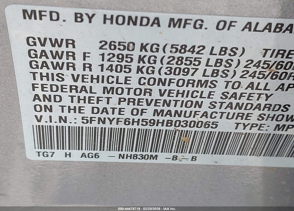 2017 HONDA PILOT EX-L VIN: 5FNYF6H59HB030065