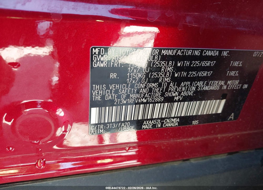 2021 TOYOTA RAV4 XLE VIN: 2T3W1RFV4MW162889