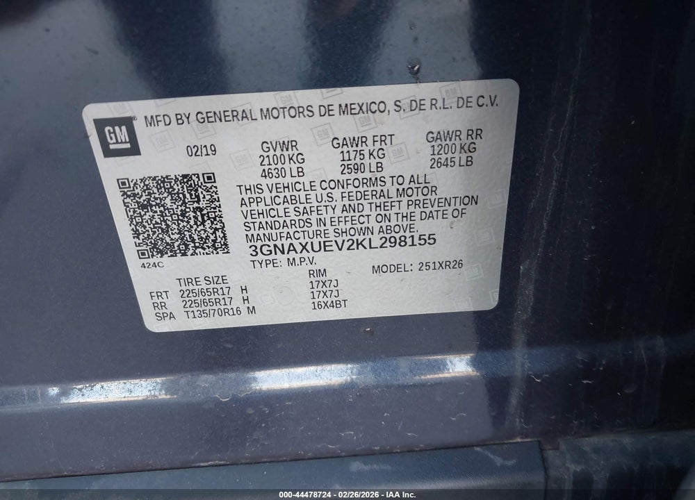 2019 CHEVROLET EQUINOX LT VIN: 3GNAXUEV2KL298155