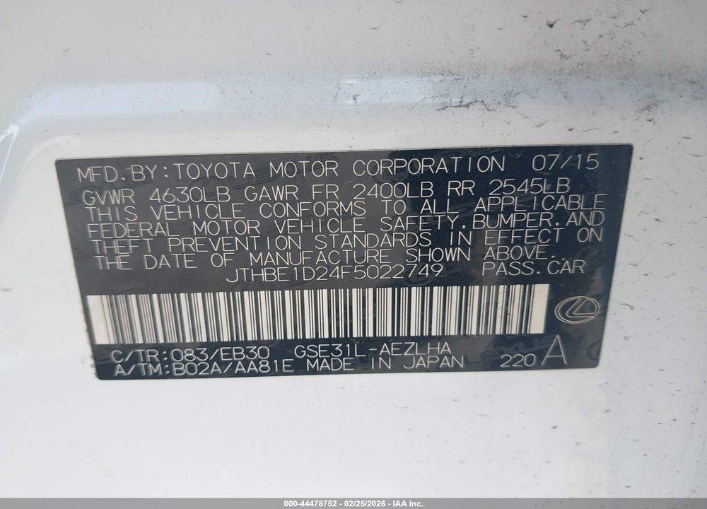 2015 LEXUS IS 350 VIN: JTHBE1D24F5022749