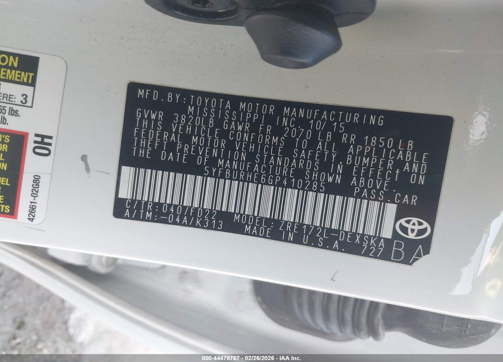 2016 TOYOTA COROLLA S PLUS VIN: 5YFBURHE6GP410285