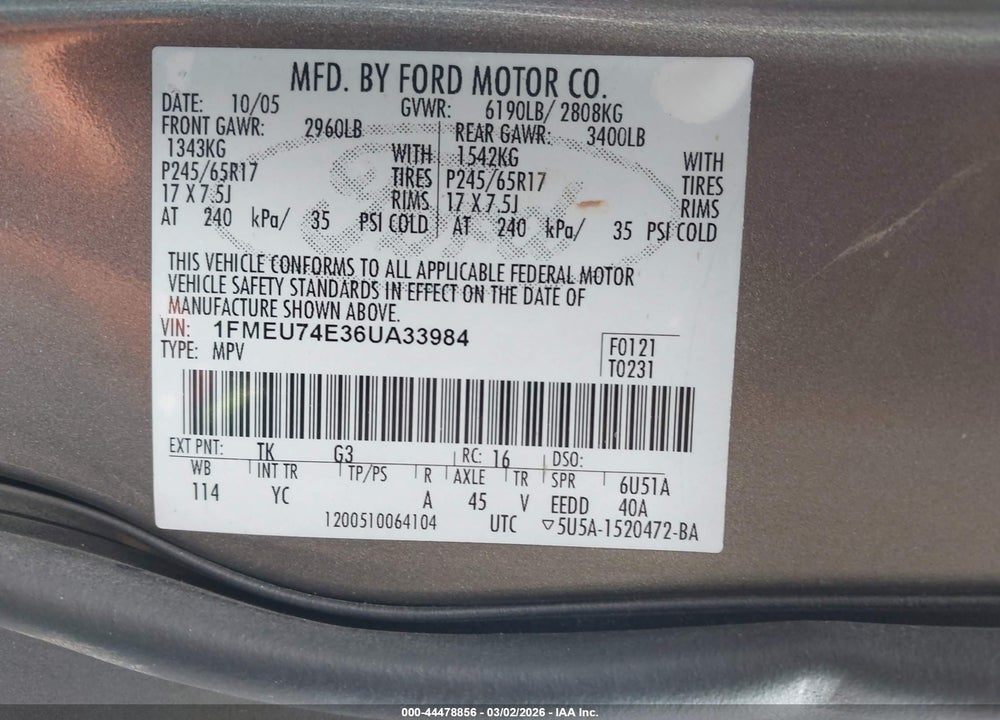 2006 FORD EXPLORER EDDIE BAUER VIN: 1FMEU74E36UA33984
