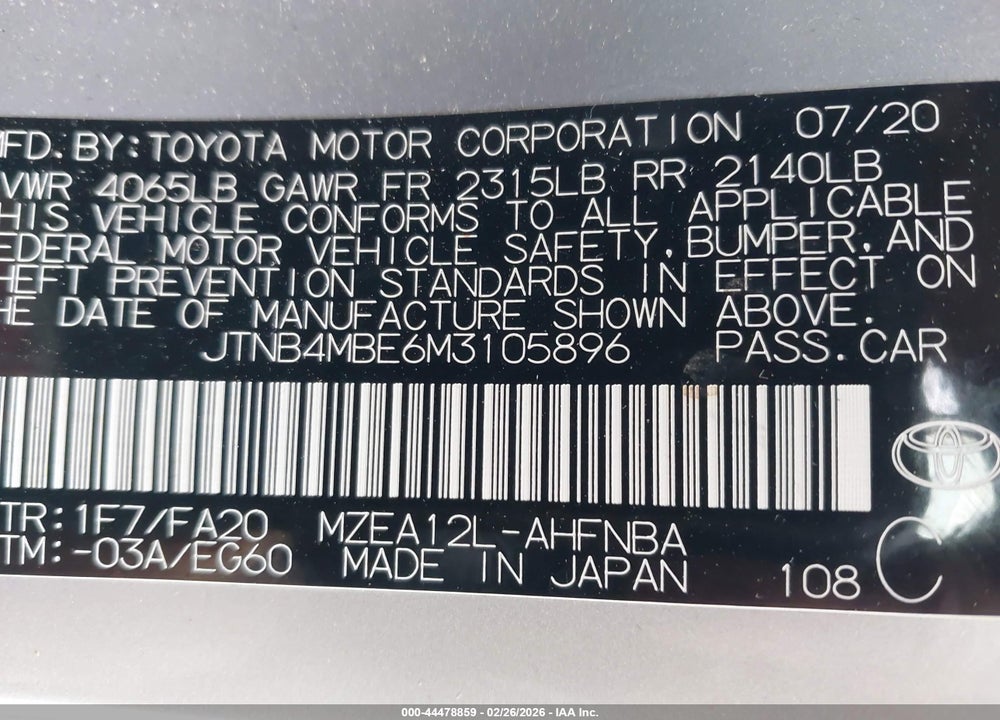 2021 TOYOTA COROLLA SE VIN: JTNB4MBE6M3105896