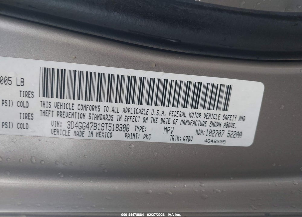 2009 DODGE JOURNEY SE VIN: 3D4GG47B19T518386