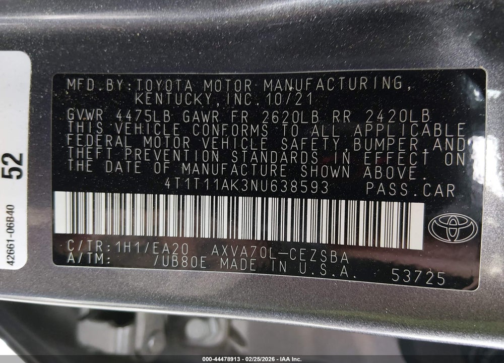 2022 TOYOTA CAMRY SE VIN: 4T1T11AK3NU638593