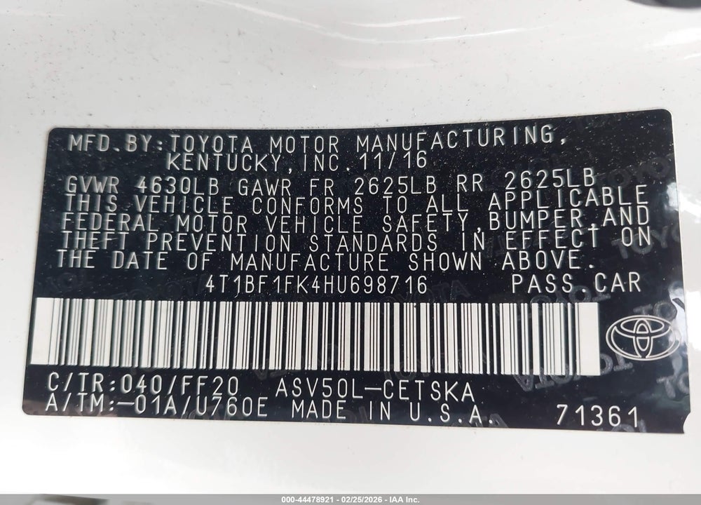 2017 TOYOTA CAMRY SE VIN: 4T1BF1FK4HU698716