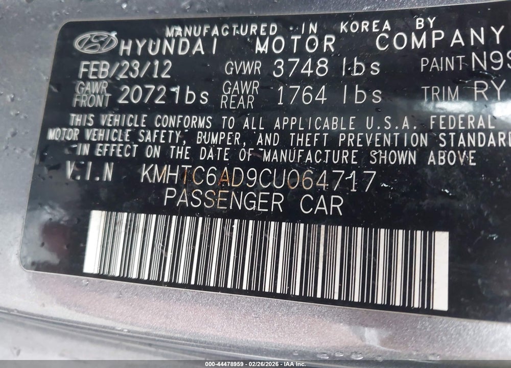 2012 HYUNDAI VELOSTER BASE W/BLACK VIN: KMHTC6AD9CU064717