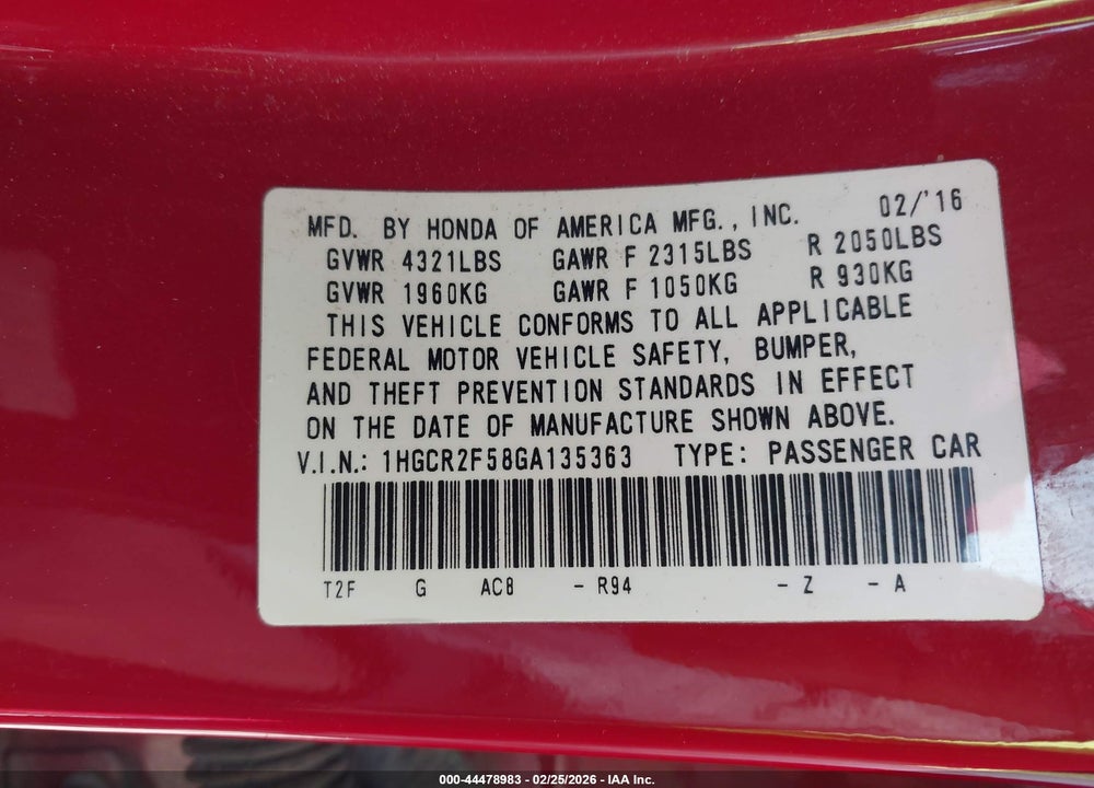 2016 HONDA ACCORD SPORT VIN: 1HGCR2F58GA135363