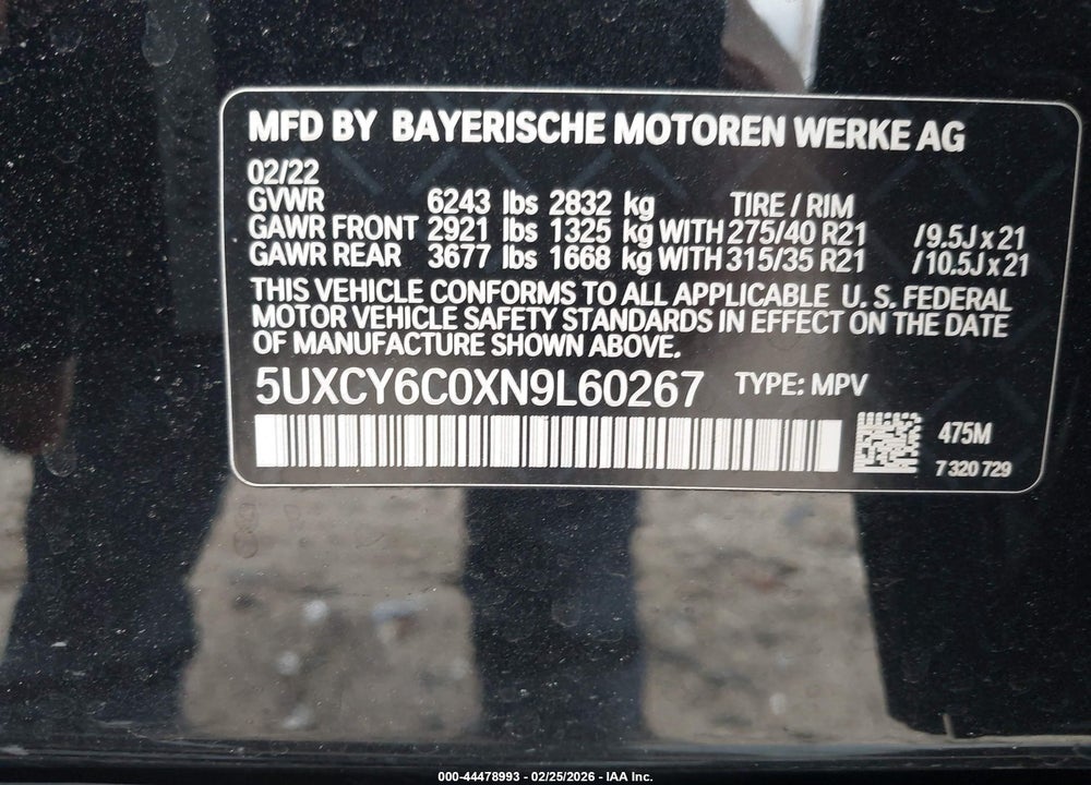 2022 BMW X6 XDRIVE40I VIN: 5UXCY6C0XN9L60267